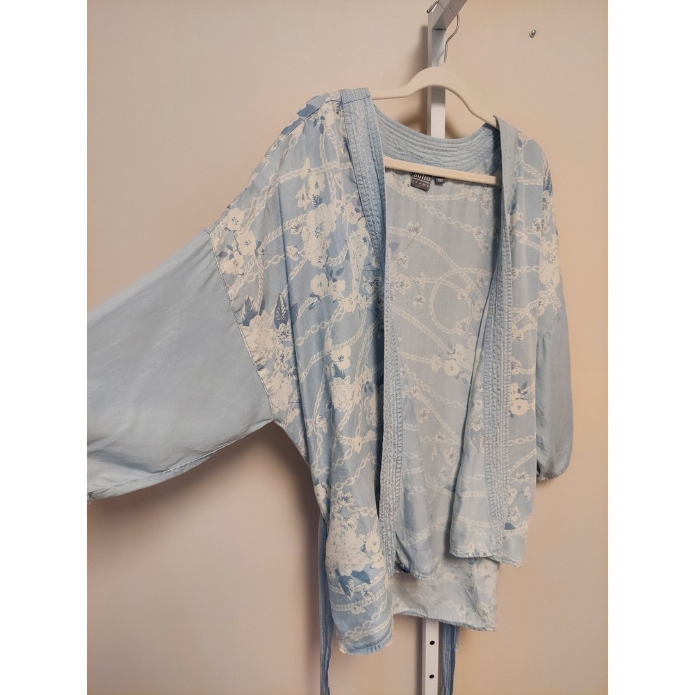 Blue Floral Kimono Wrap Top Lyocell L/XL Costal Grandma Cottagecore Bohemian